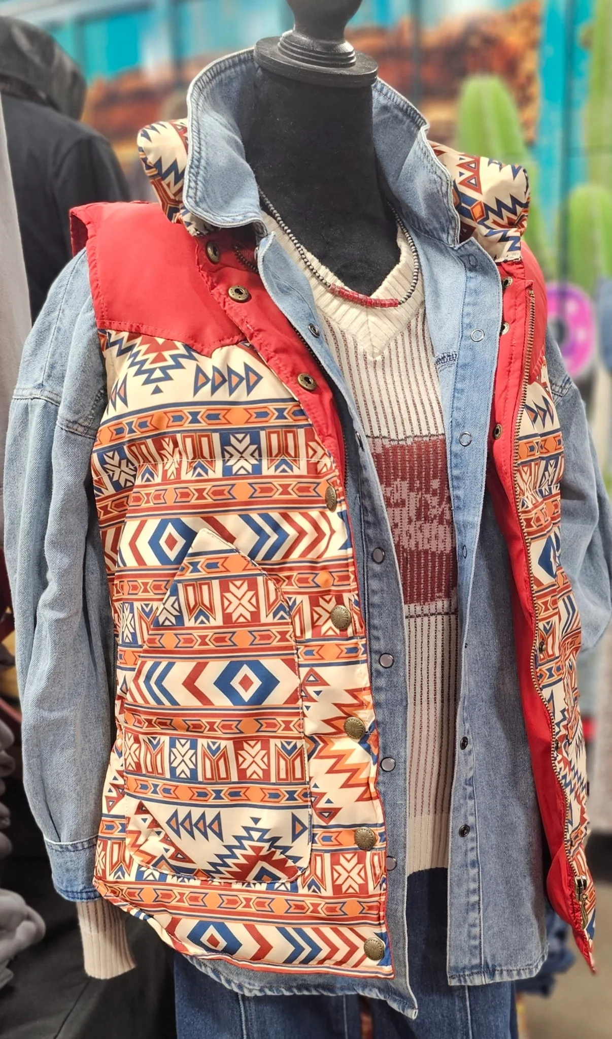 Aztec Puffer Vest- Red/Blue - Image 2