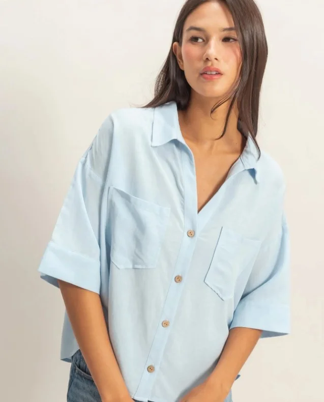 Button Up Collared Short Sleeve-Ice Blue - Image 4