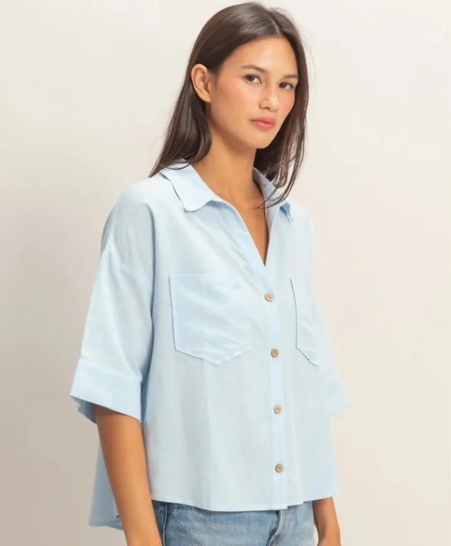 Button Up Collared Short Sleeve-Ice Blue - Image 2