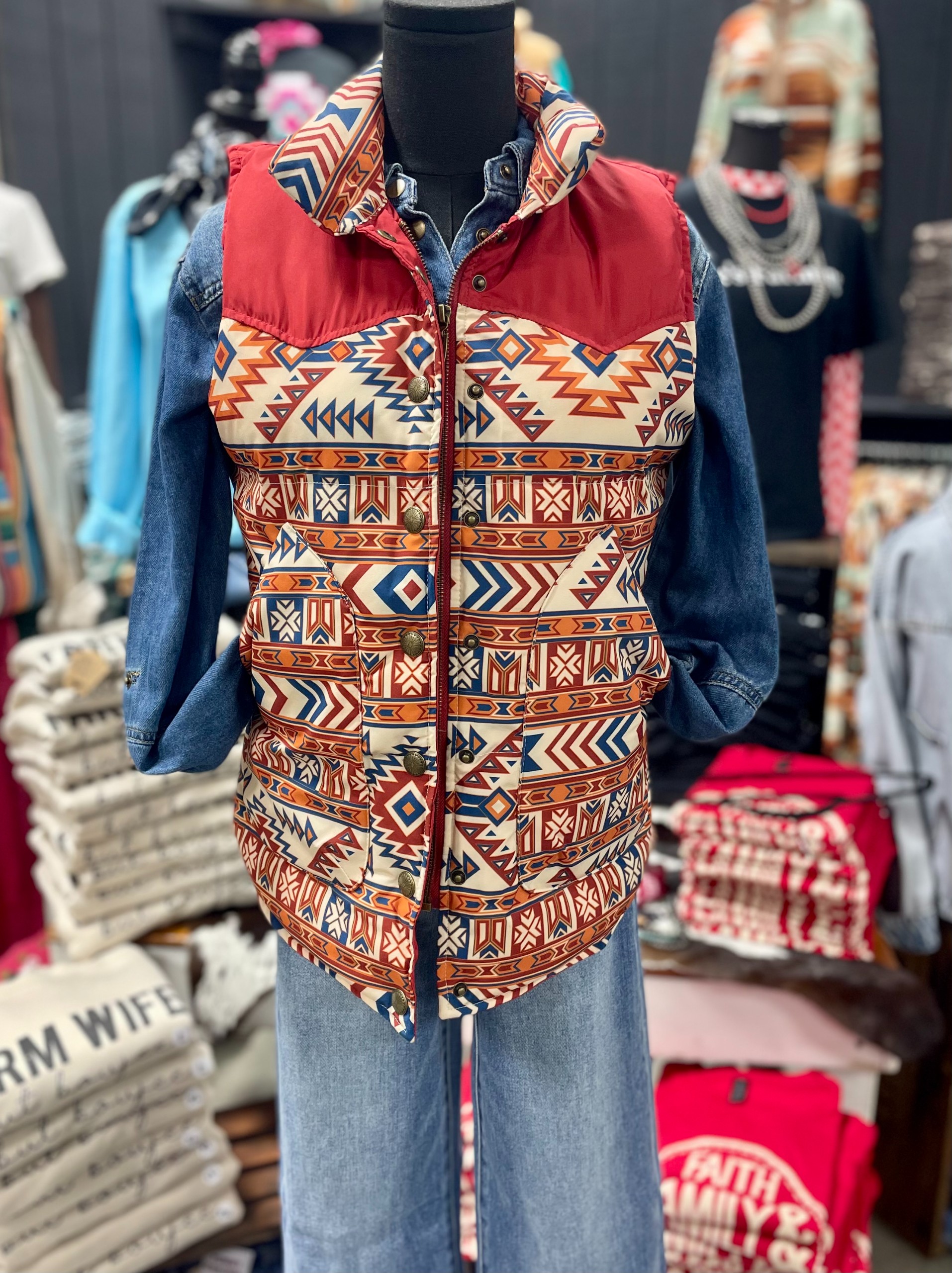Aztec Puffer Vest- Red/Blue