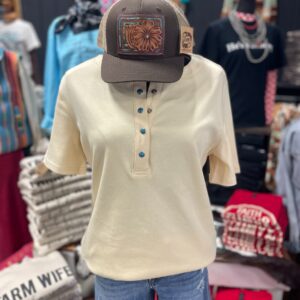 Cream Tee W/ Turquoise Buttons