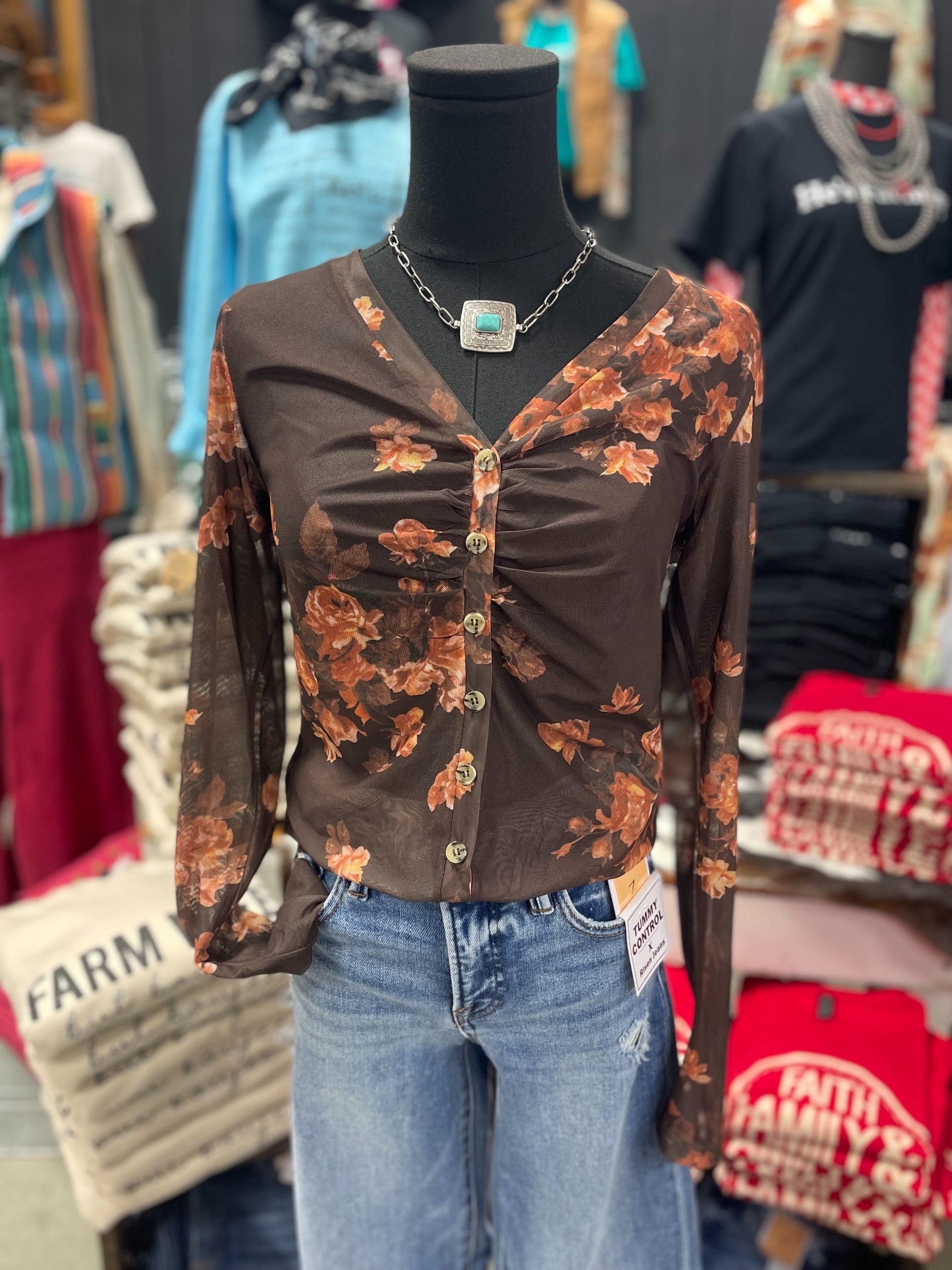 Floral Mesh Button-Up Top