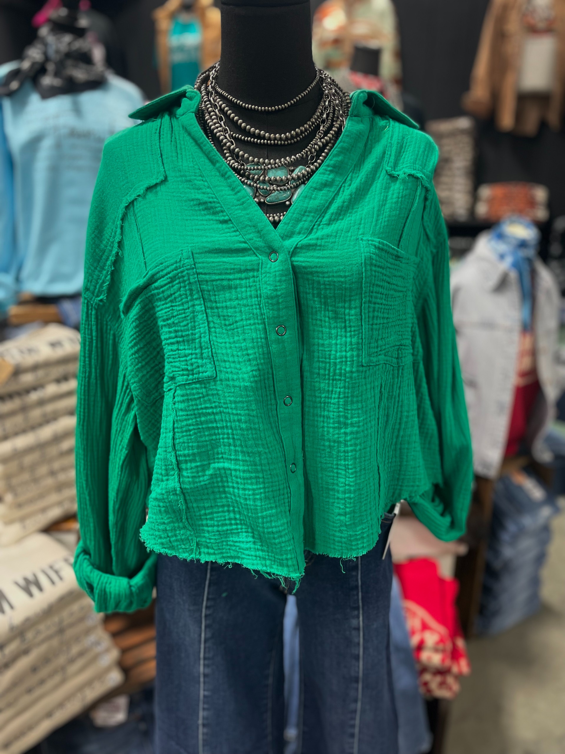 Cropped Green Button-Up