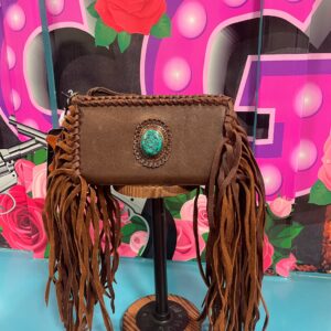 Fringe and Turquoise Stone Bag- Dark Brown