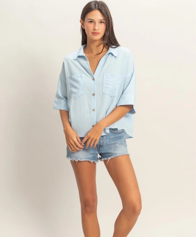 Button Up Collared Short Sleeve-Ice Blue