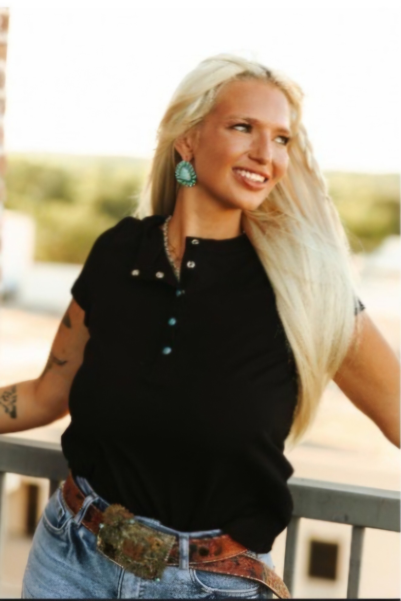 Black Tee With Turquoise Buttons