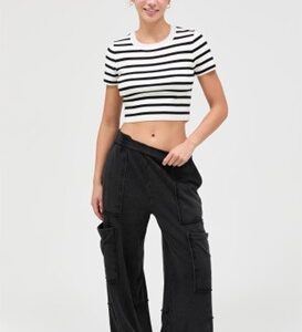 Mineral Wash Wide Leg Cargo Pants-BLACK