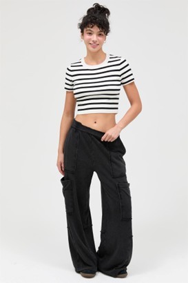 Mineral Wash Wide Leg Cargo Pants-BLACK