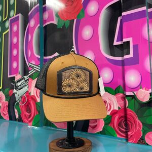 Tooled leather trucker hat/3 flowers